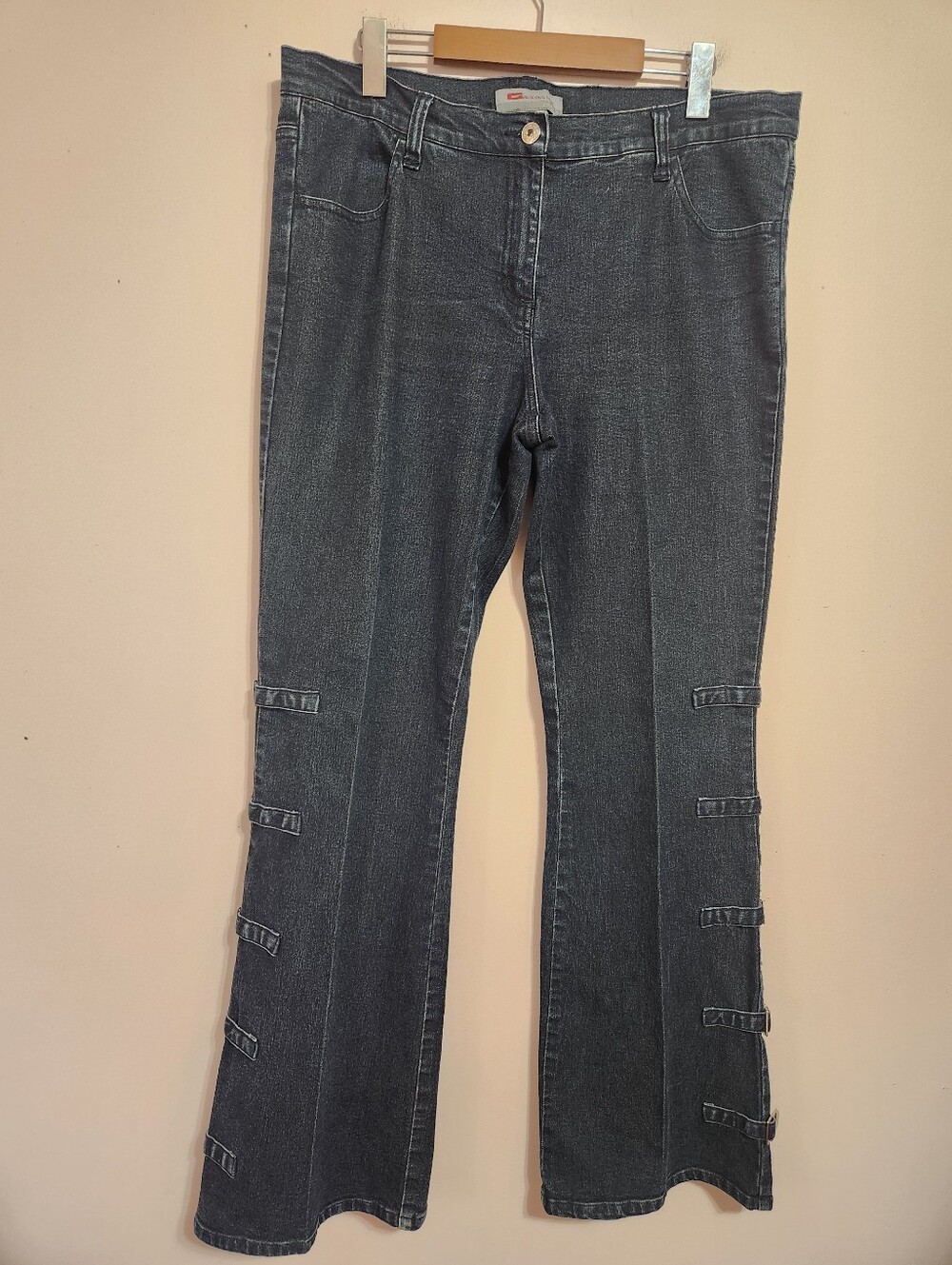 Vintage Y2K Gasoline Dark Wash Denim Cyber Goth Side Buckle Wide Leg Jeans Sz 32